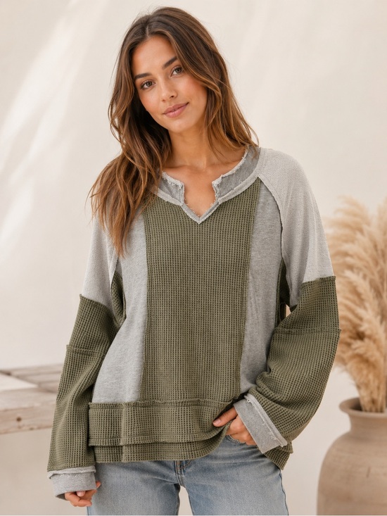 POL Tops - POL Olive and Grey Colorblock Waffle-Knit Pullover